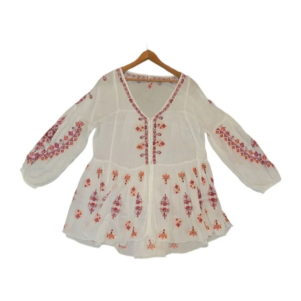 Free People Arianna White Red Embroidered Bohemian Tunic Mini Dress S - Picture 7 of 15